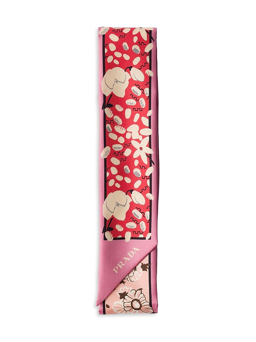 Women's Skinny Printed Silk Twill Rectangular Scarf - Pink