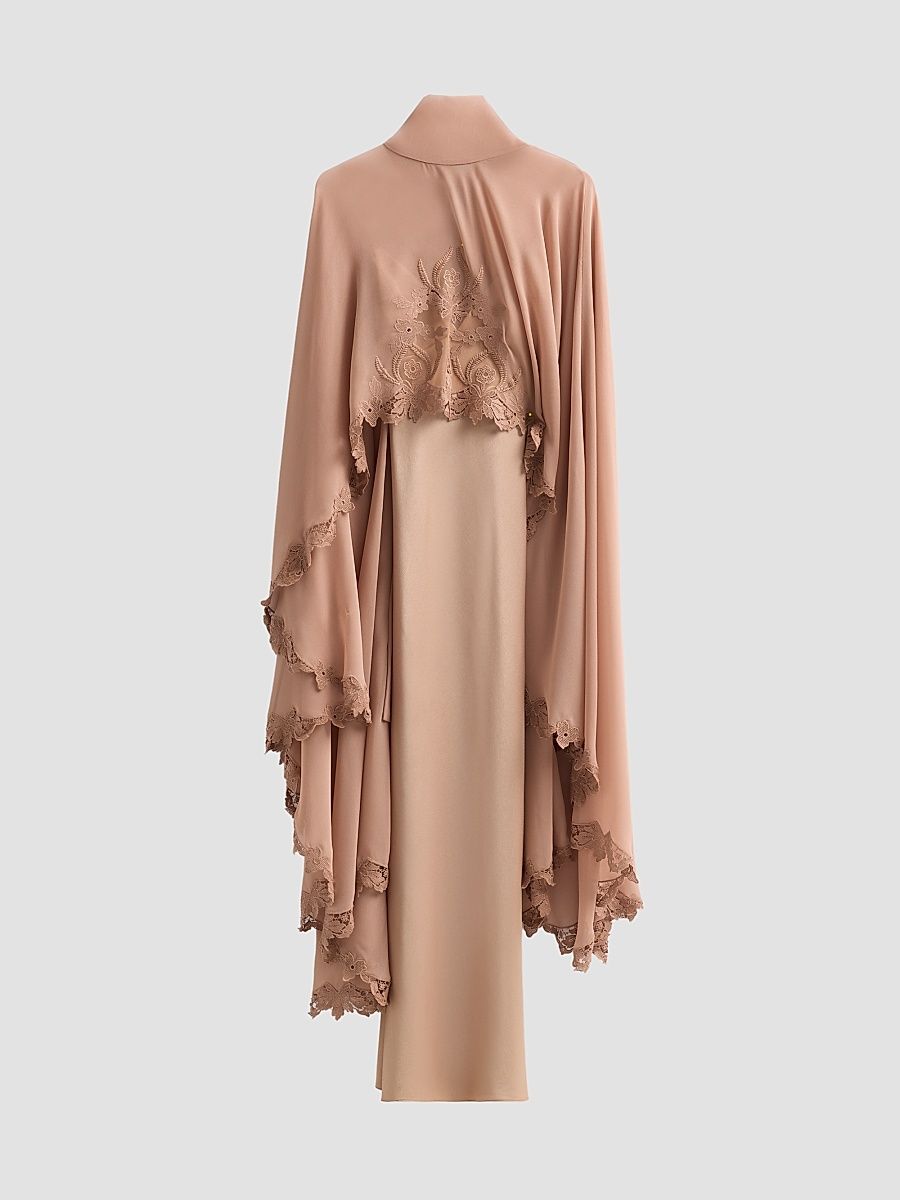 Women's Carmen Satin A-Line Cape Maxi Dress - Toffee - Size Large