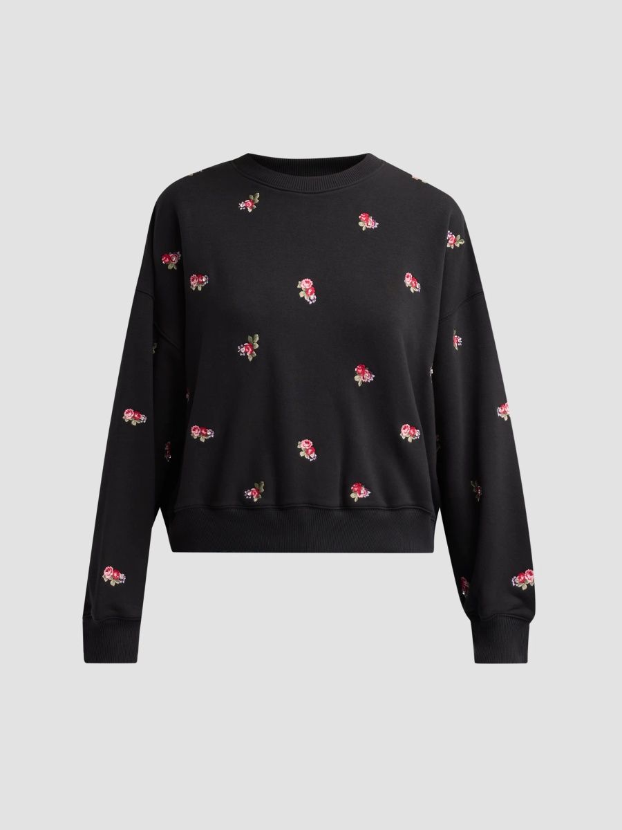 Women's Brandy Tossed Roses Embroidered Sweatshirt - Black Multi - Size XL