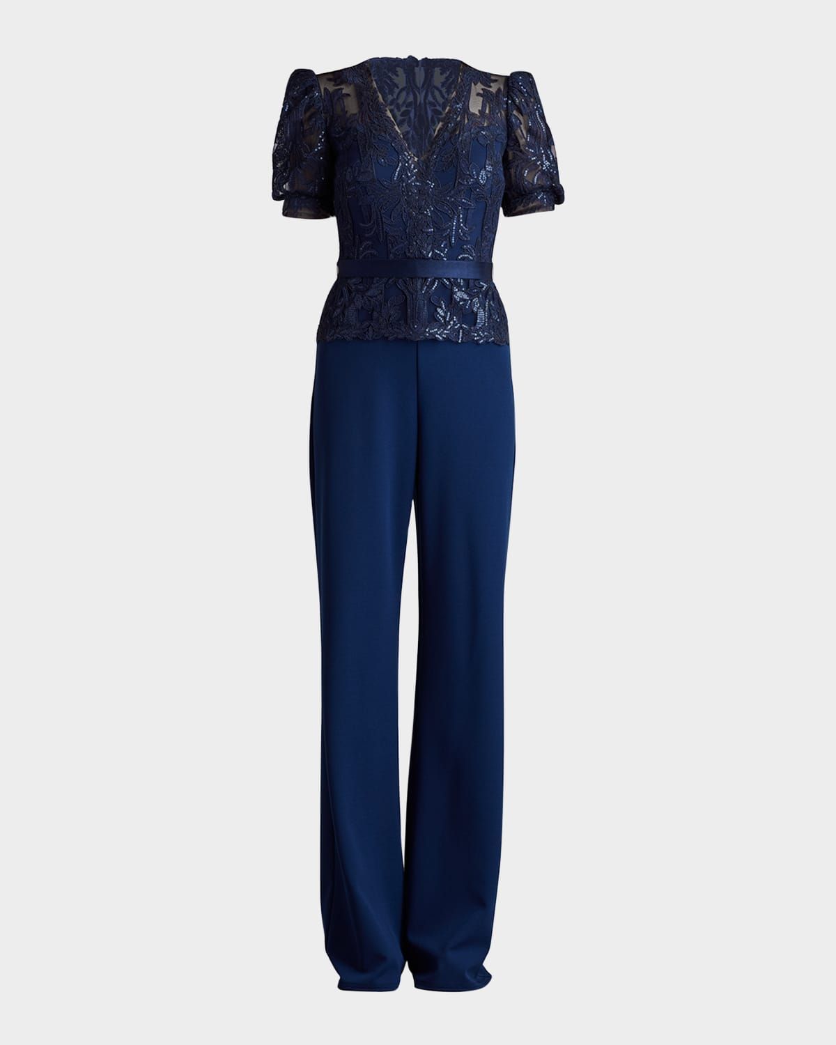 Sequined Lace Crepe V-Neck Jumpsuit