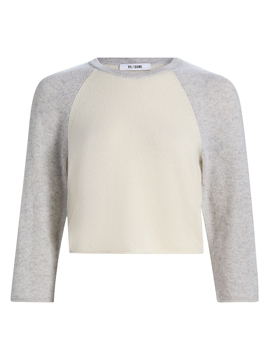 Women's Two-Tone Baseball Raglan Cashmere Sweater - Ivory Light Grey - Size XL