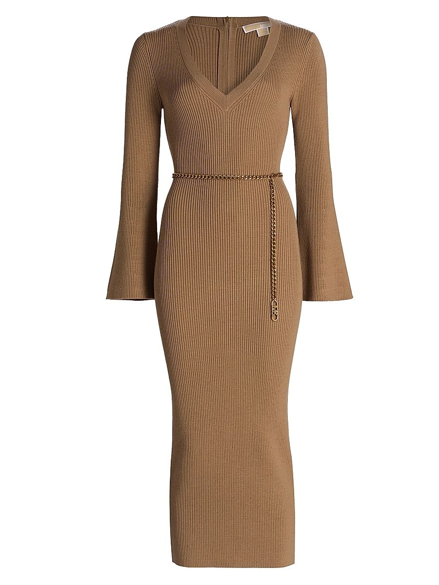 Women's V-Neck Wool Blend Midi Sweater Dress - Dark Camel - Size XL