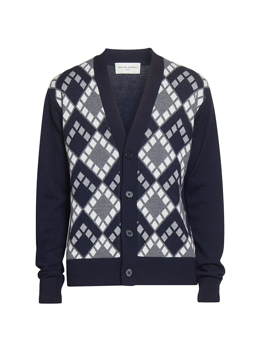 Men's Miles Intarsia Wool Cardigan - Dark Navy Light Grey Ecru - Size Medium