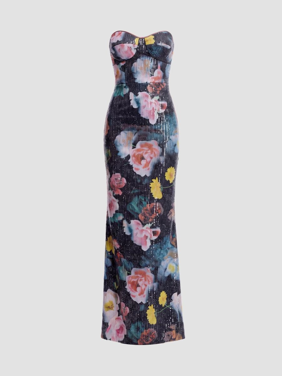 Dress The Population Women's Vada Floral Sequined Strapless Maxi Gown - Black Multi - Size XXS