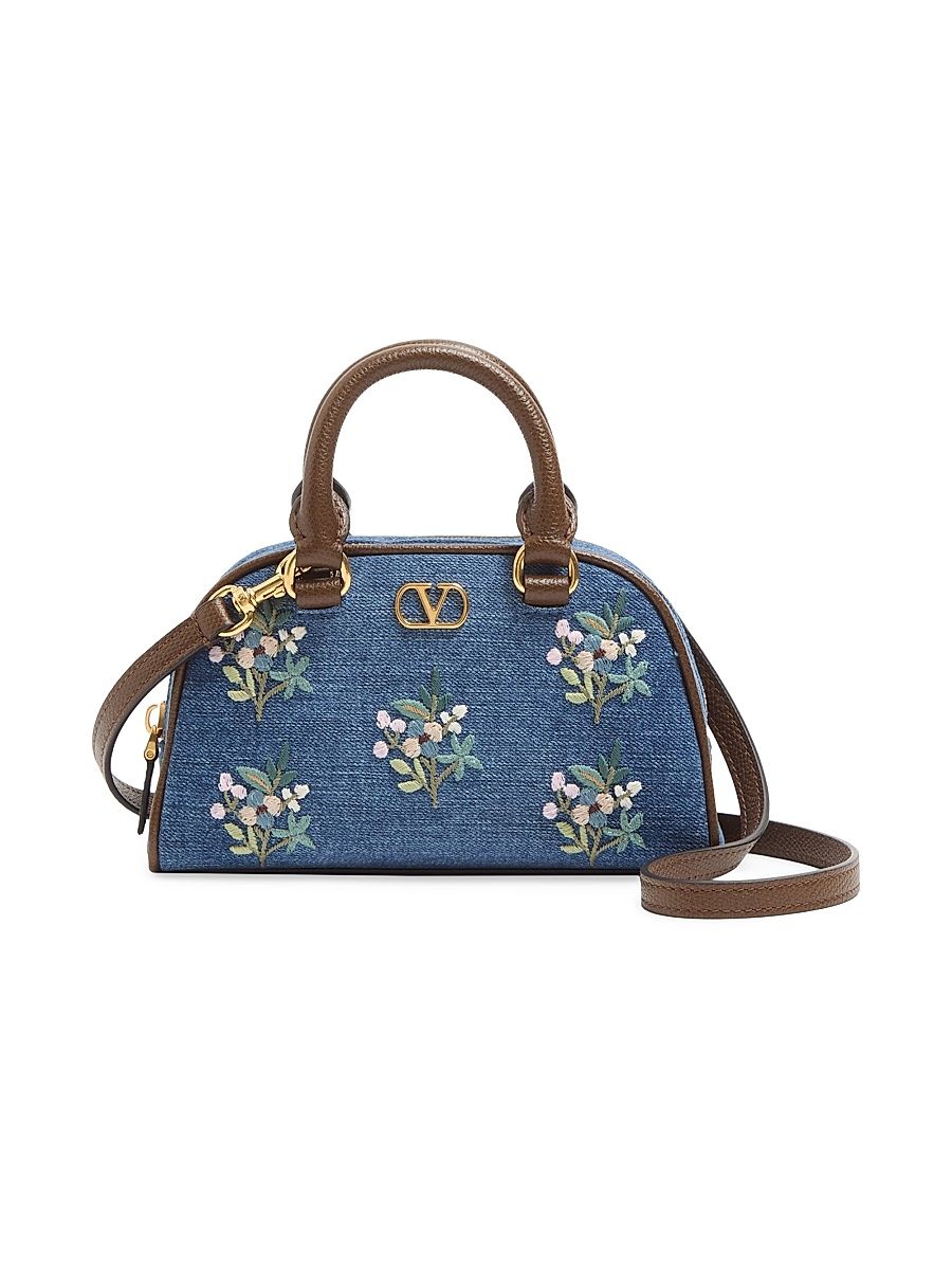 Women's VLogo Signature Mini Top-Handle Bag in Denim with Floral Embroidery - Denim