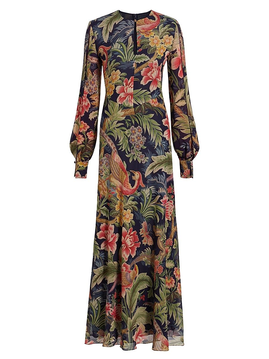 Women's Floral Silk Blouson-Sleeve Maxi Dress - Size 4