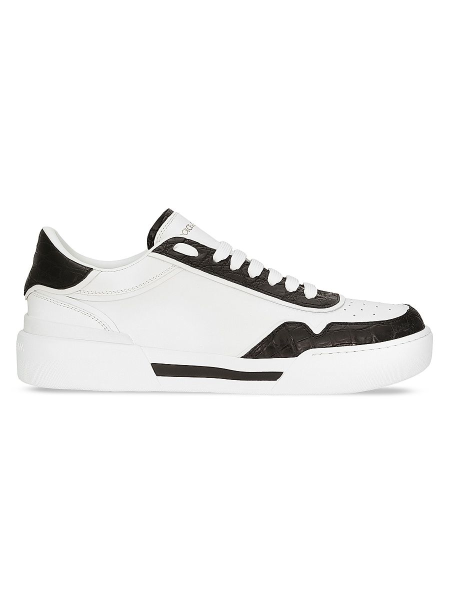 Men's New Roma Crocodile-Embossed Leather Low-Top Sneakers - Bianco Nero - Size 12
