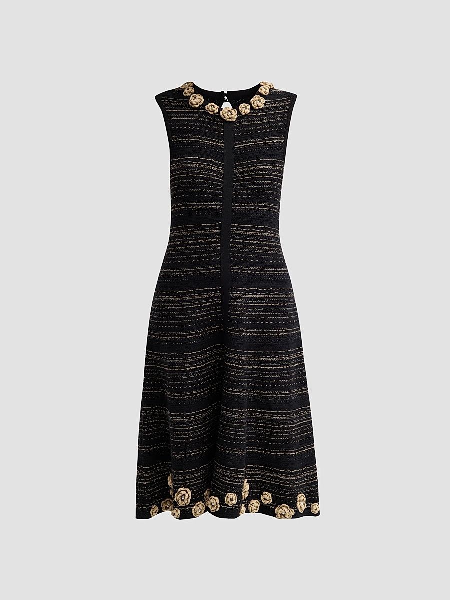 Teri Jon by Rickie Freeman Women's 3D Floral Striped Cotton Midi Dress - Black Champagne - Size XL