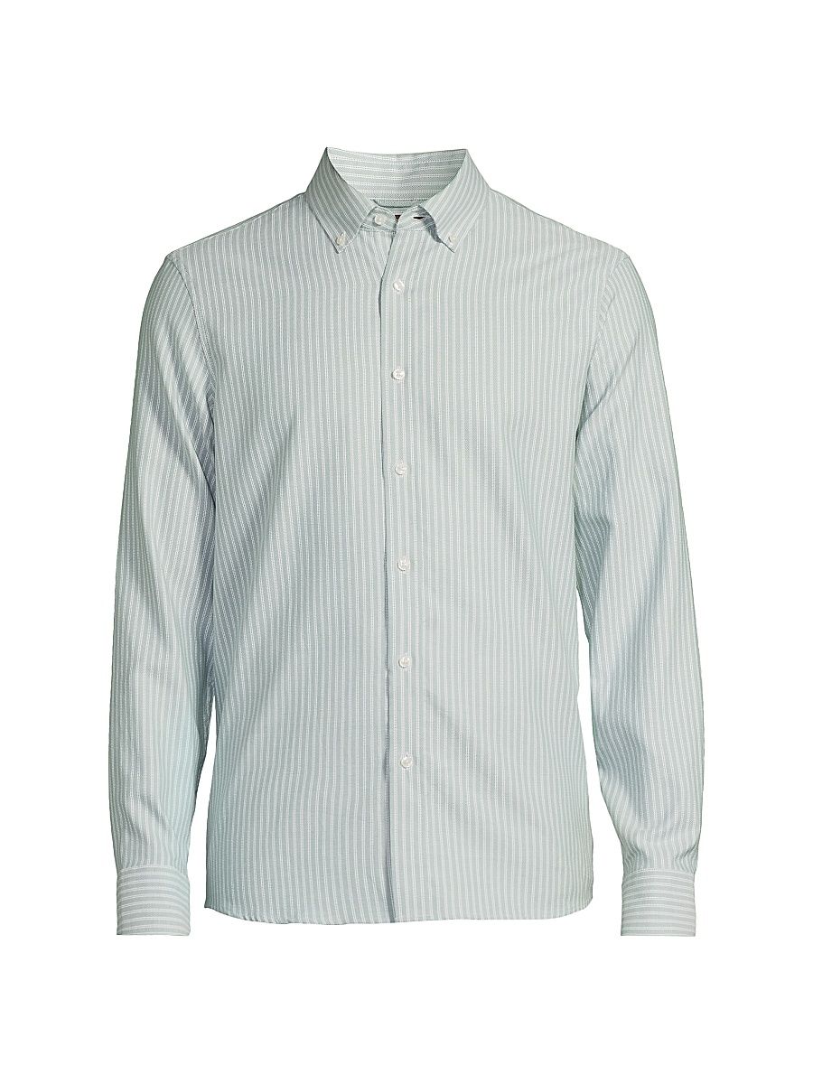 Men's Striped Cotton Button-Down Shirt - Pine Green - Size XL