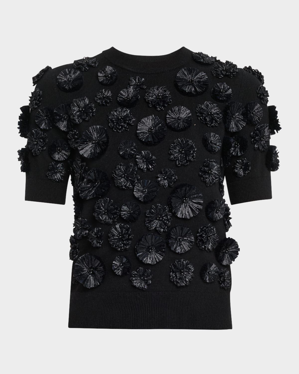 Floral Embroidered Short-Sleeve Cashmere Sweater