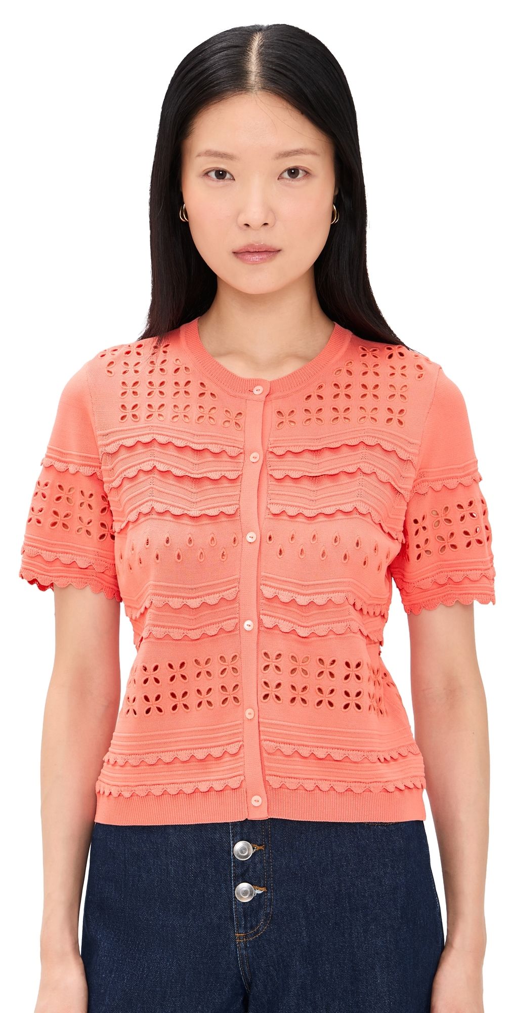 Ulla Johnson Abriana Eyelet Knit Cardigan CORAL PEONY P