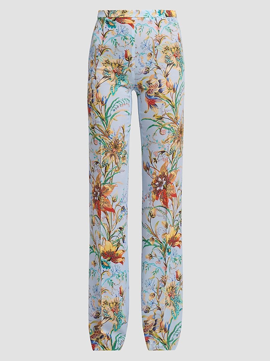 Women's Floral Print Straight-Leg Trousers - Printed Blue - Size 14