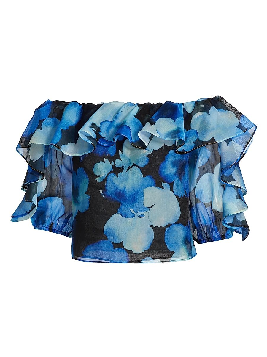 Women's Watercolor Petals Ruffled Organza Off-The-Shoulder Top - Blue Multi - Size Medium