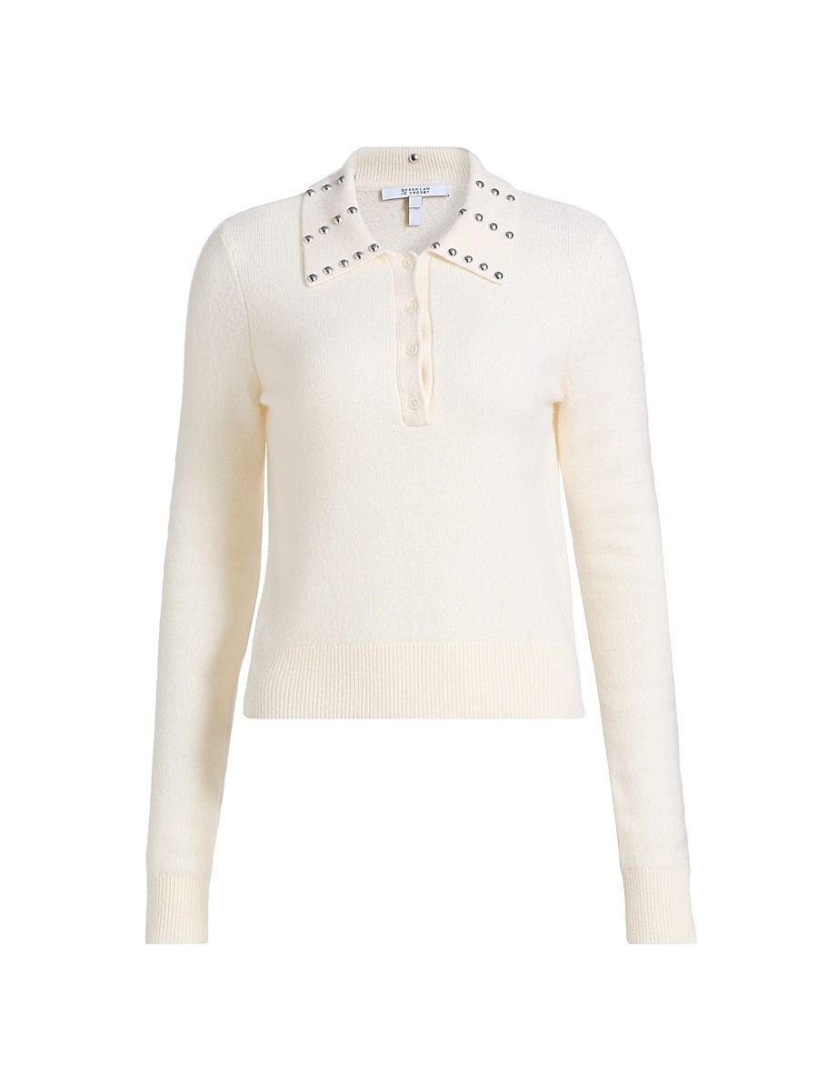 Women's Sancia Studded Collar Wool-Blend Sweater - Ivory Snow White - Size XL