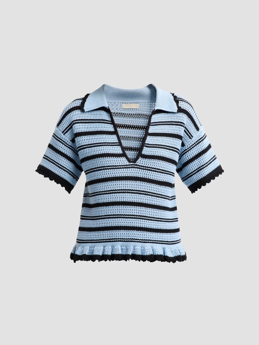 Ulla Johnson Women's Remi Striped Cotton Knit Polo Shirt - Hydrangea Noir - Size XL