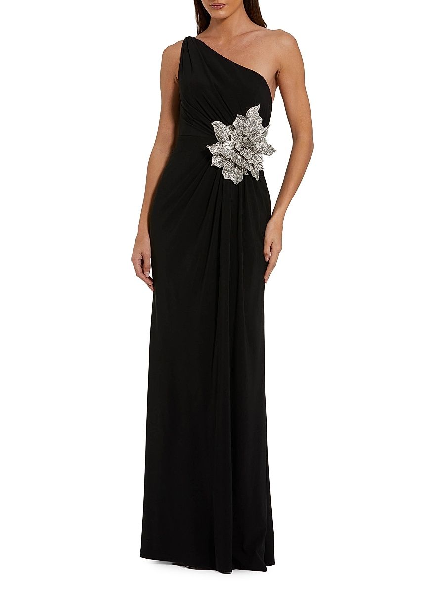 Women's 3D Rhinestone Floral One-Shoulder Jersey Gown - Black - Size 2