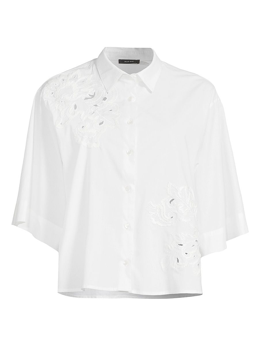 Women's Embroidered Cotton Poplin Shirt - White - Size Large