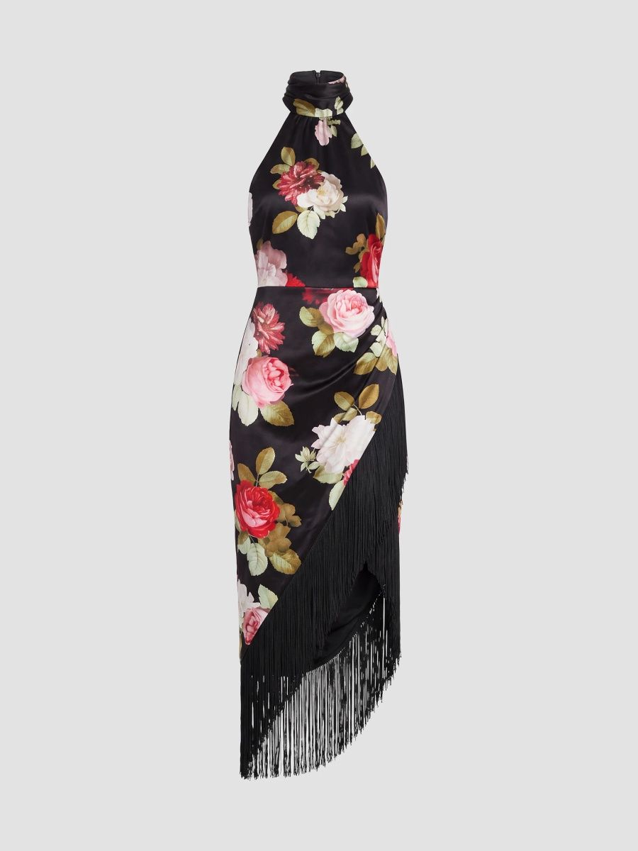 Women's Winrey Floral Satin Halter Midi Dress - Noir Rose - Size XS
