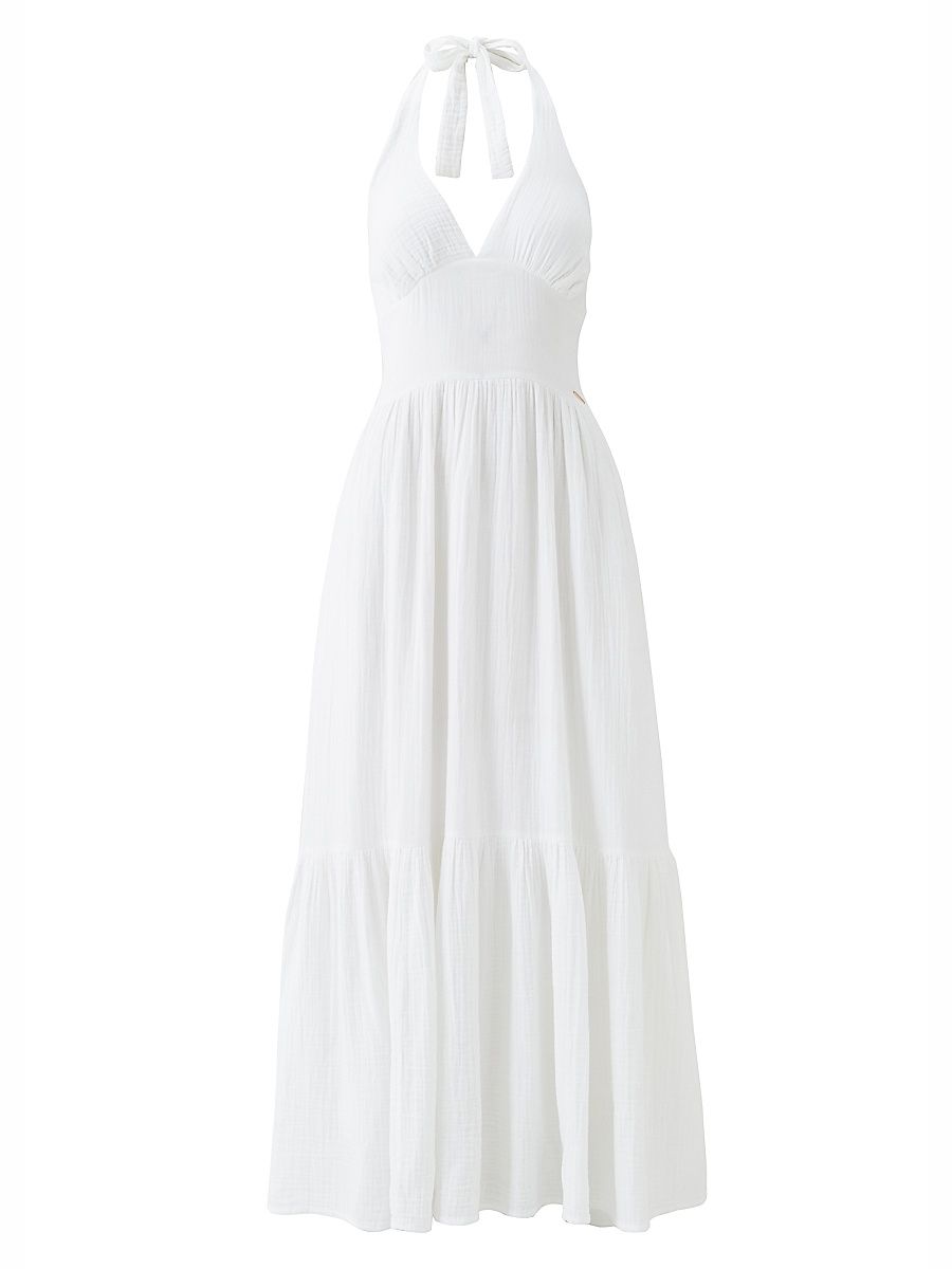 Women's Shay Crinkled Cotton Halterneck Maxi Dress - White - Size Large