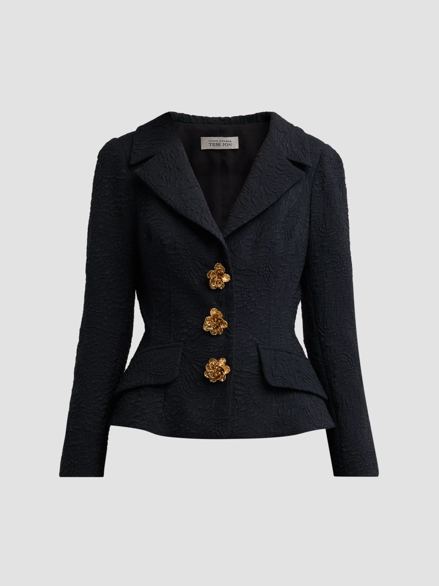 Teri Jon by Rickie Freeman Women's Notch Lapel Jacquard Jacket - Black - Size 18