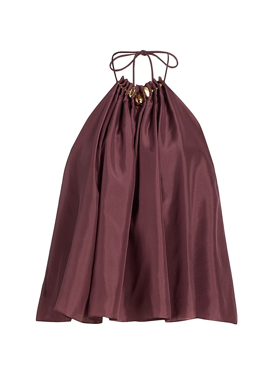 Women's Aster Bead-Detail Gathered Silk Halter Top - Musk - Size 8