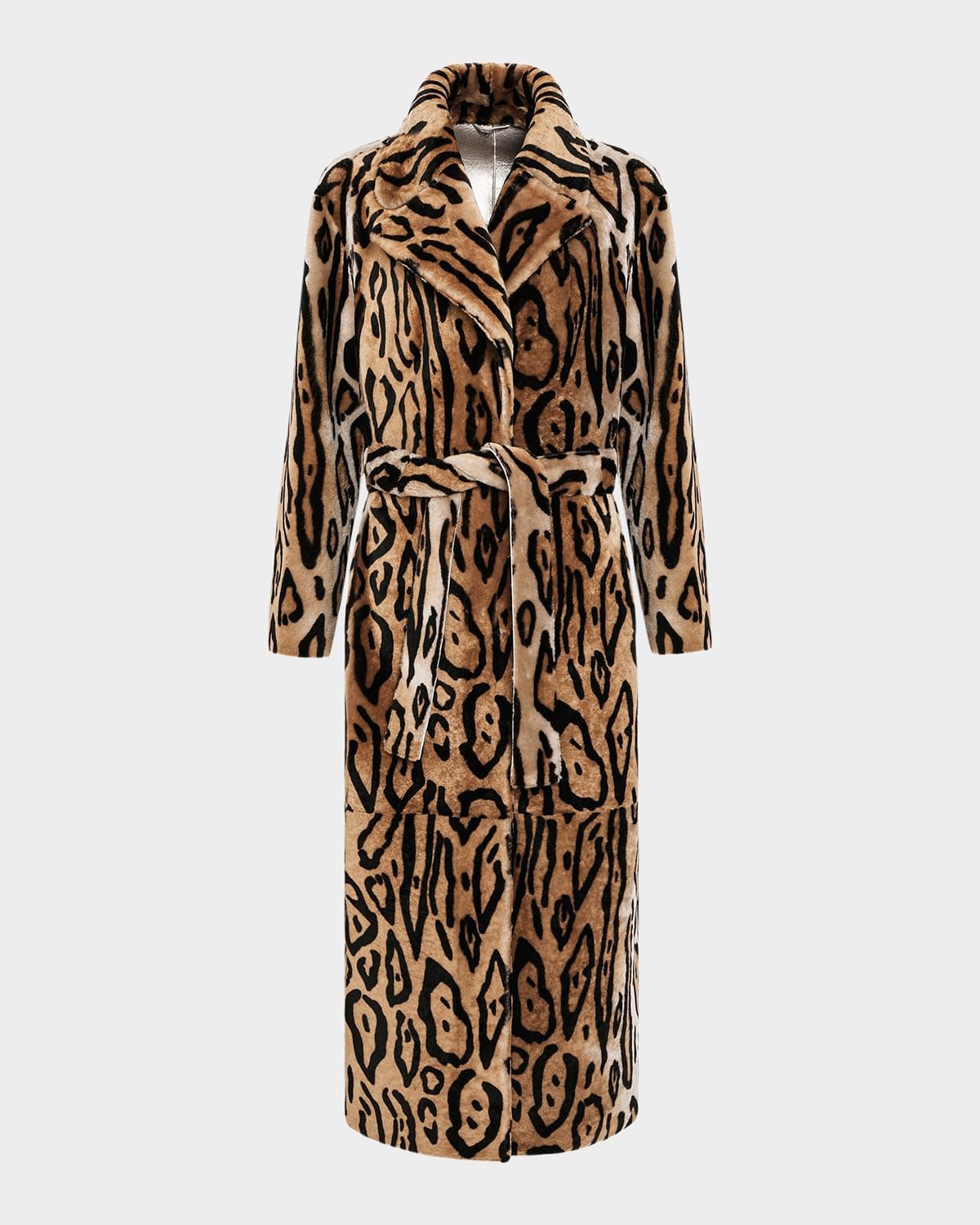 Reversible Ocelot-Print Shearling Lamb Coat With Belt