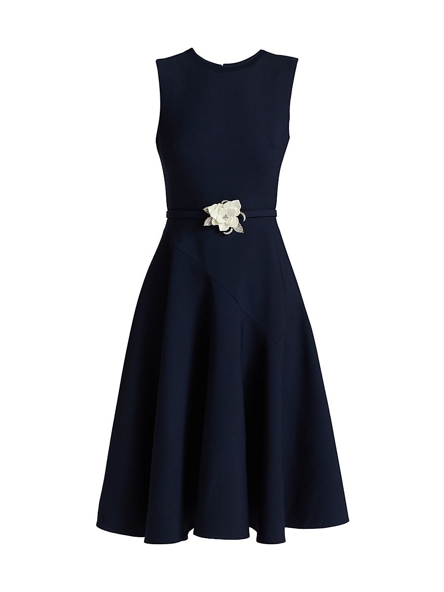 Women's Crystal-Embellished Flower Wool-Blend Belted Midi-Dress - Navy - Size 12