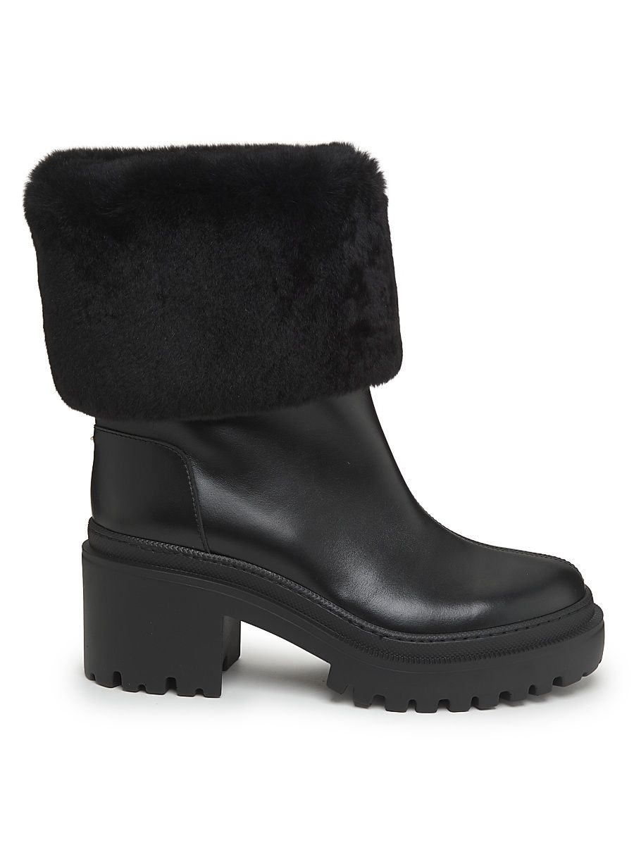 Women's 70MM Shearling-Cuff Leather Platform Booties - Nero - Size 7