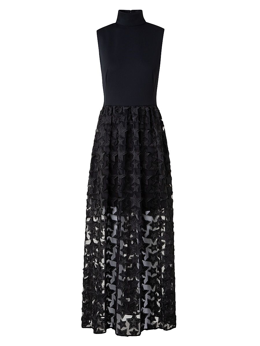 Women's Jersey & Star-Embroidered Tulle Maxi Dress - Black - Size 10
