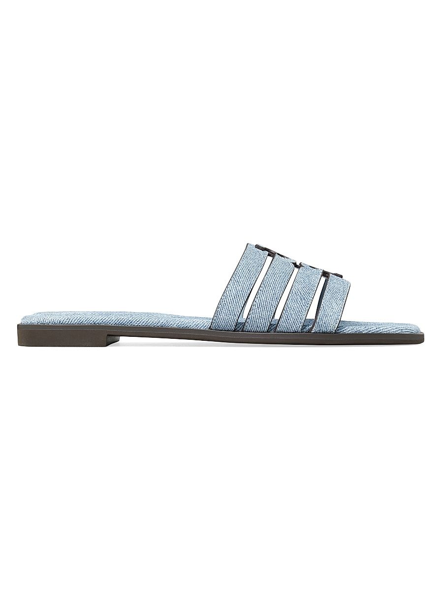 Women's Ines Logo Denim-Printed Leather Sandals - Blue Cloud - Size 9.5