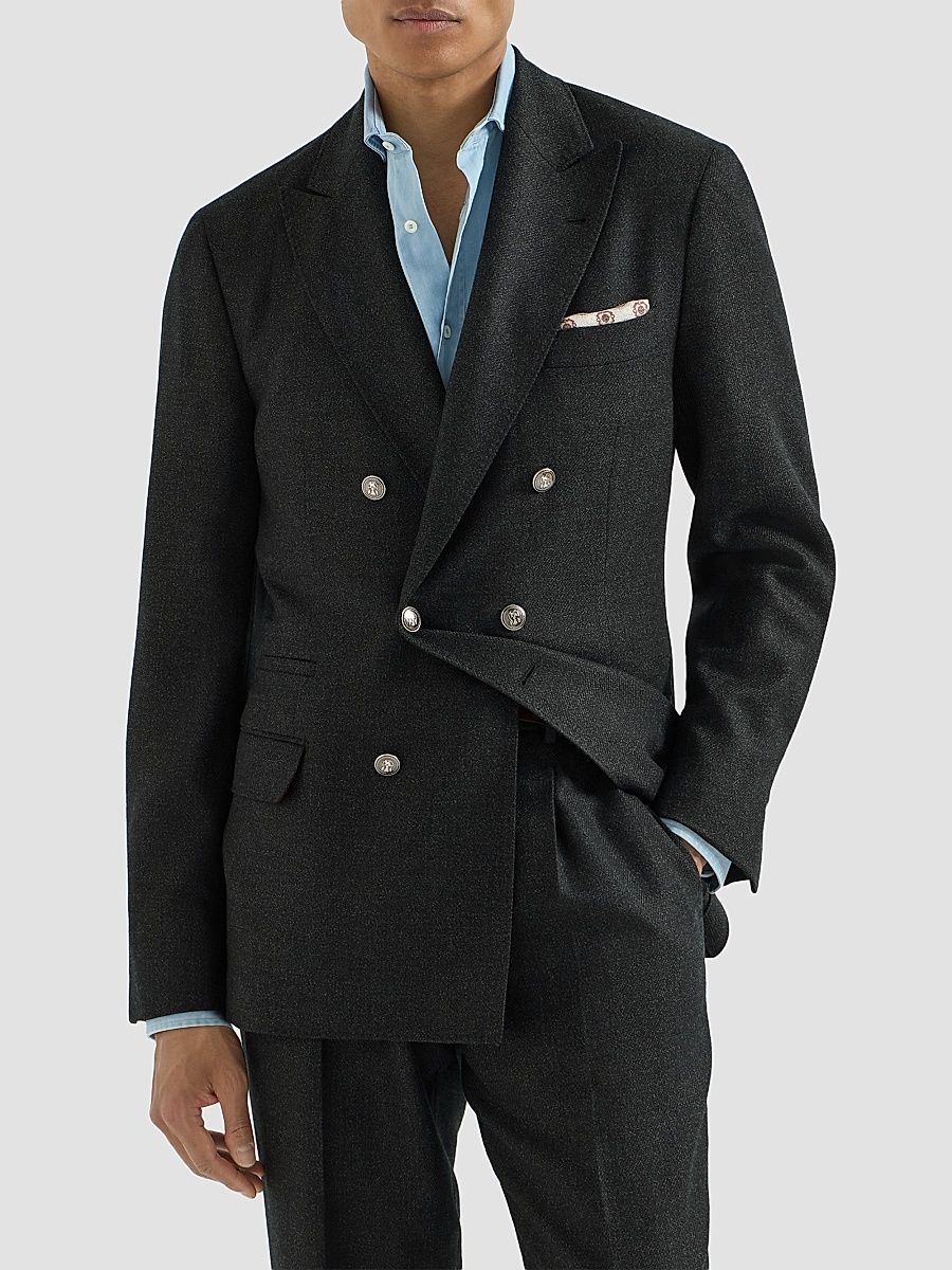 Men's Mouliné Virgin Wool Twill One and A Half Breasted Deconstructed Blazer - Anthracite - Size 46