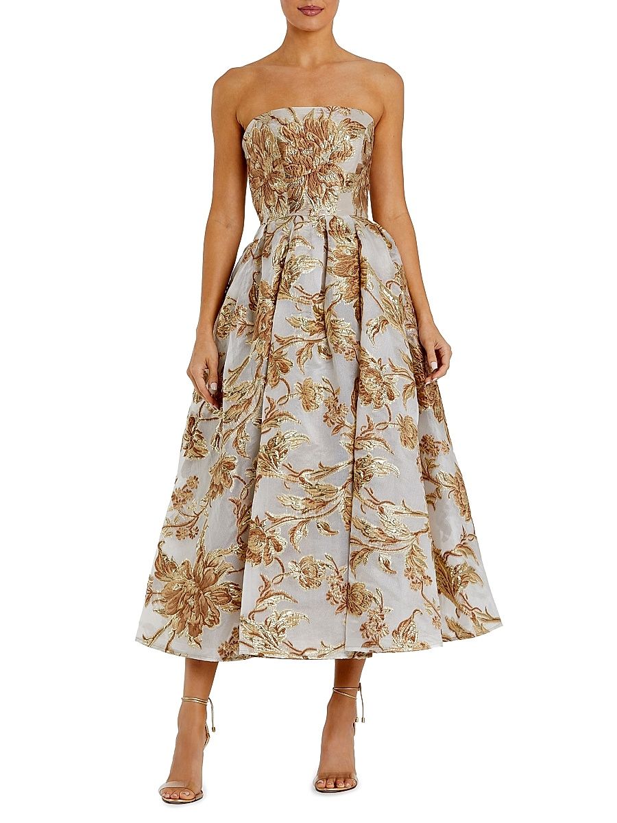 Women's Petite Floral Brocade Fit & Flare Strapless Midi-Dress - Bronze - Size Petite 14