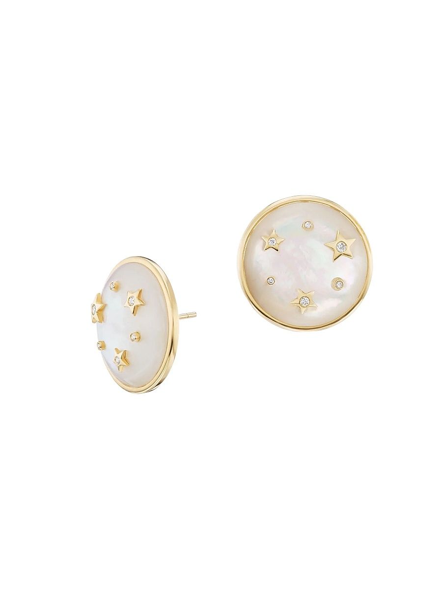Women's Tarot Le Stelle 18K Yellow Gold, Mother-Of-Pearl, & 0.06 TCW Diamond Button Stud Earrings - Mother Of Pearl