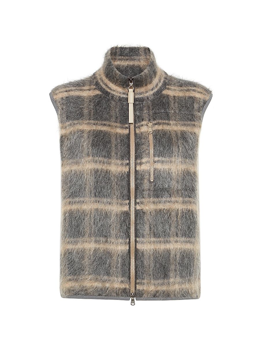 Women's Virgin Wool, Mohair and Cashmere Jacquard Check Knit Vest with Shiny Trims - Dark Grey - Size XL