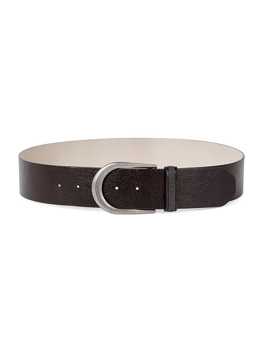 Women's Glossy Grained Calfskin Belt with Shiny Loop - Black - Size XS