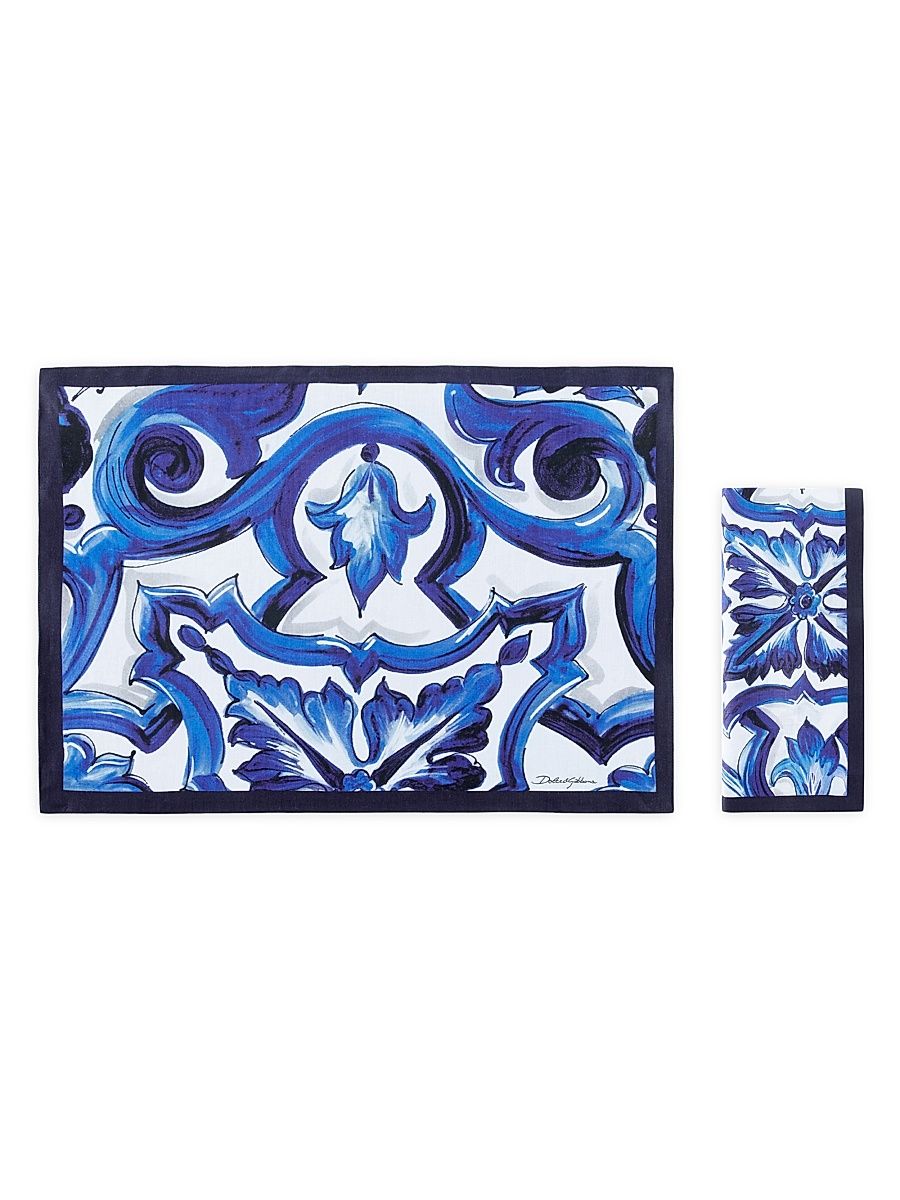 Blue Mediterraneo Printed Linen Placemat & Napkin Set - Blue