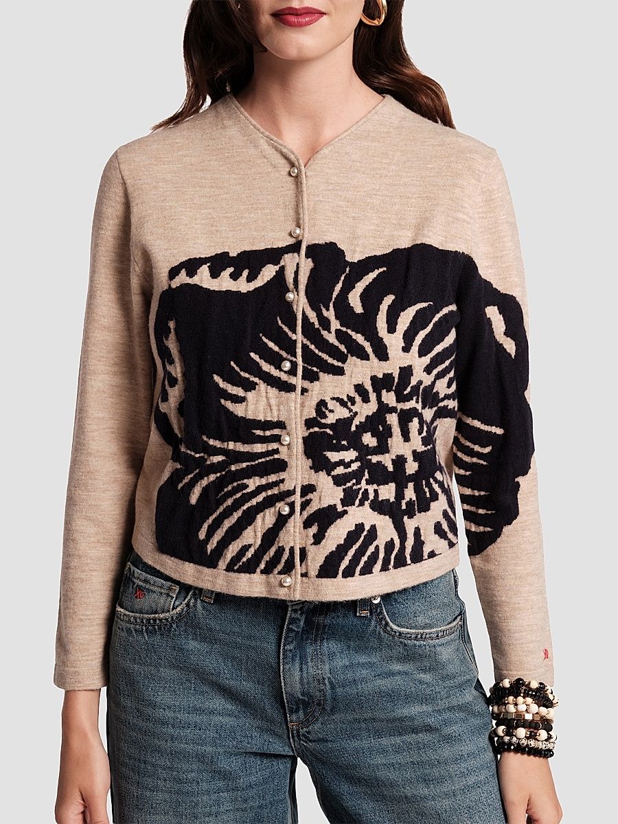 Women's Darling Floral Merino Wool Cardigan - Camel Navy - Size 20