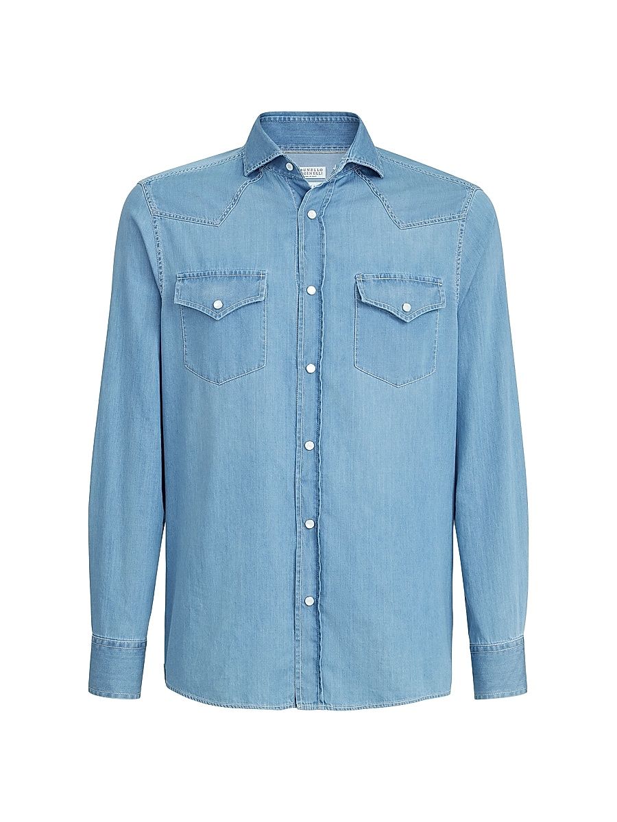 Men's Lightweight Denim Easy Fit Western Shirt - Light Blue Denim - Size Medium