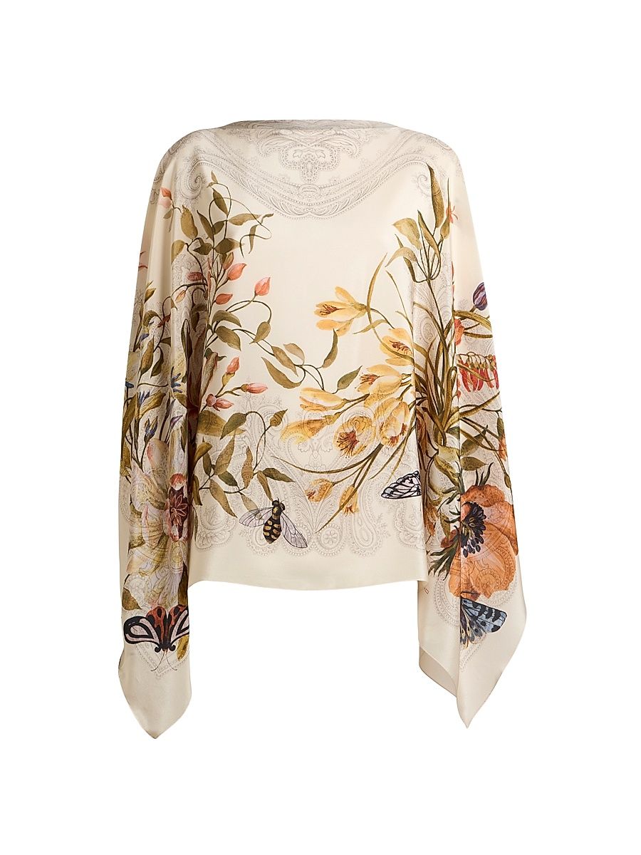Women's Floral Silk Poncho - Multi Beige