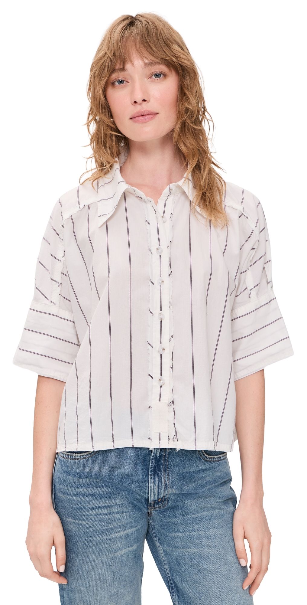 Free People Seaside Stripe Button Down Shirt Ivory Combo XS
