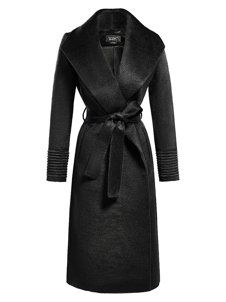 Women's Belted Alpaca-Blend Wrap Coat - Black - Size Large