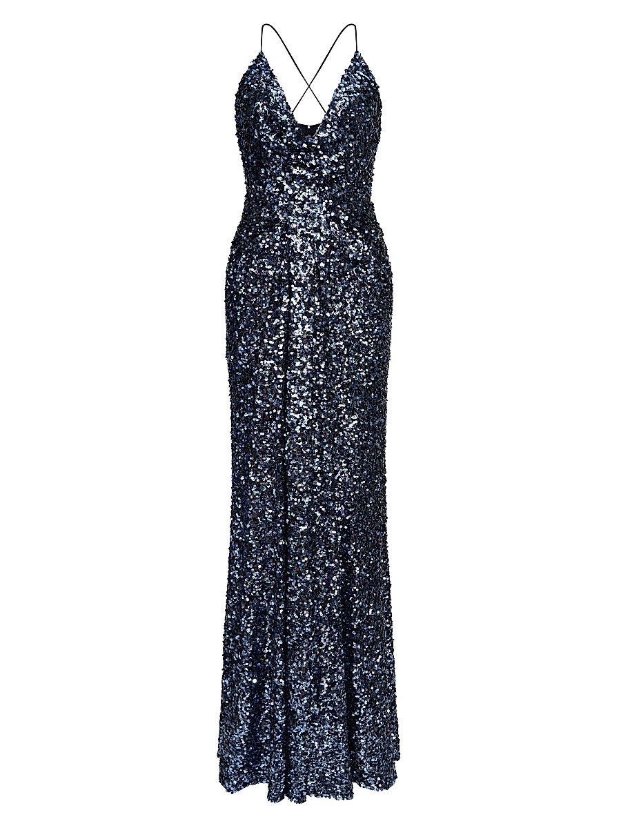 Women's Manon Sequin Plunging V-Neck Gown - Indigo Confetti - Size 12