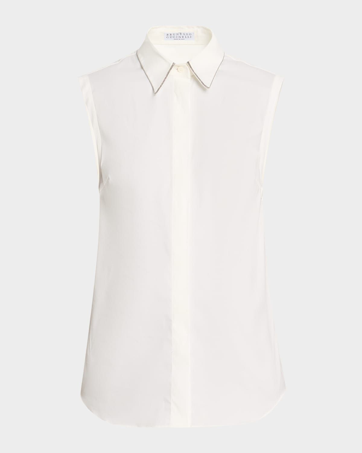 Cotton Poplin Sleeveless Top With Monili Trim