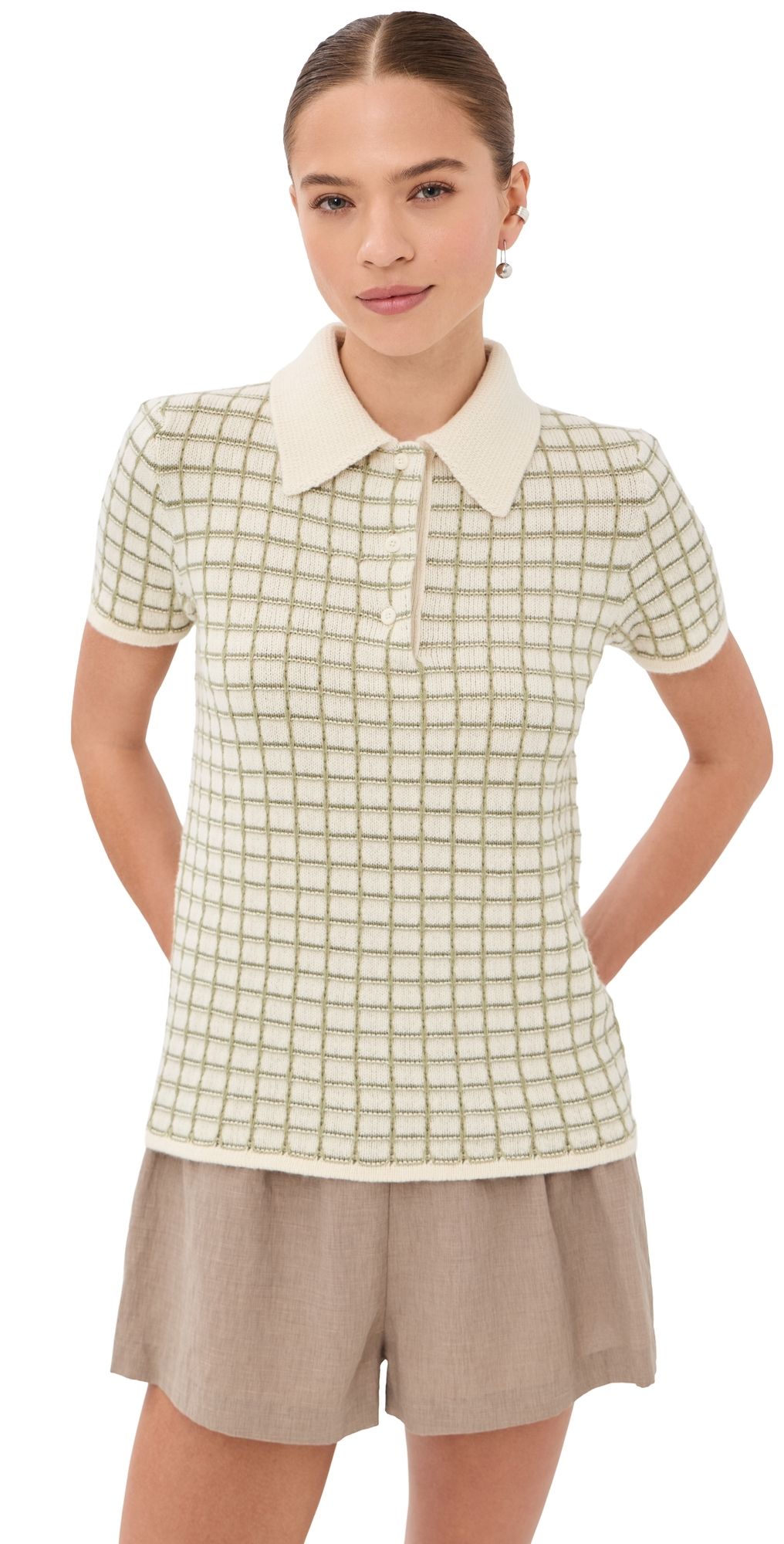 The Elder Statesman Ida Checkered Cashmere Polo Moss Check XS