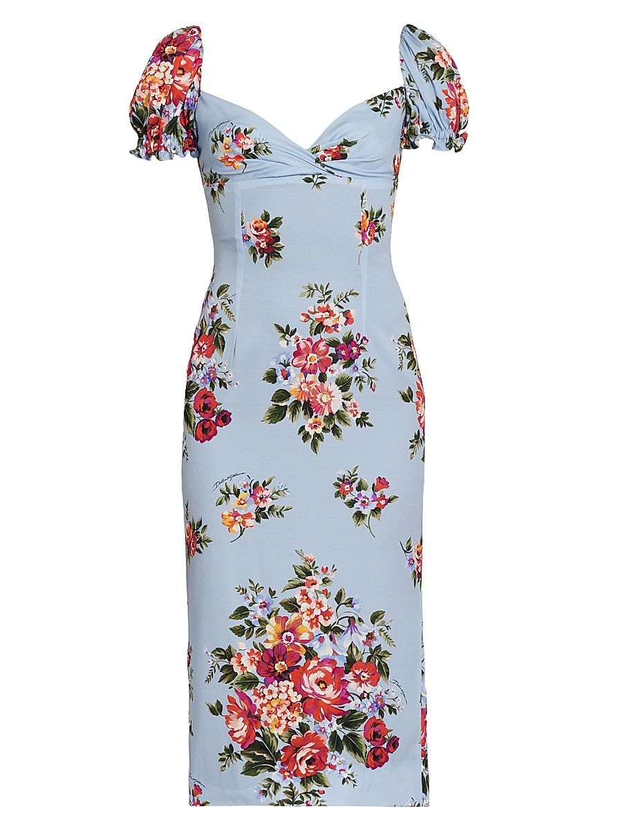 Women's Floral Stretch-Silk Sheath Midi-Dress - Mazz Fiori F Celeste - Size 10