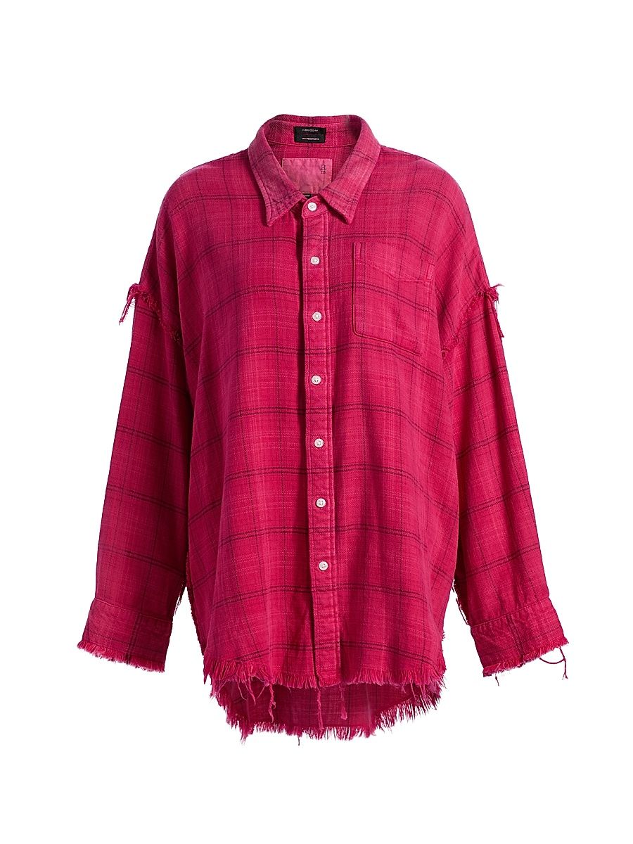 Women's Shredded Seam Plaid Cotton Shirt - Deep Pink Plaid - Size XXS
