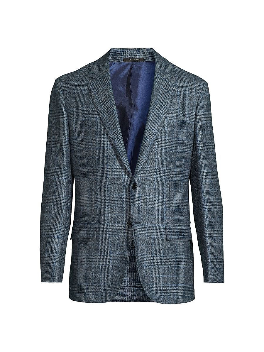 Men's Plaid Wool-Silk Jacket - Blue Pattern - Size 40