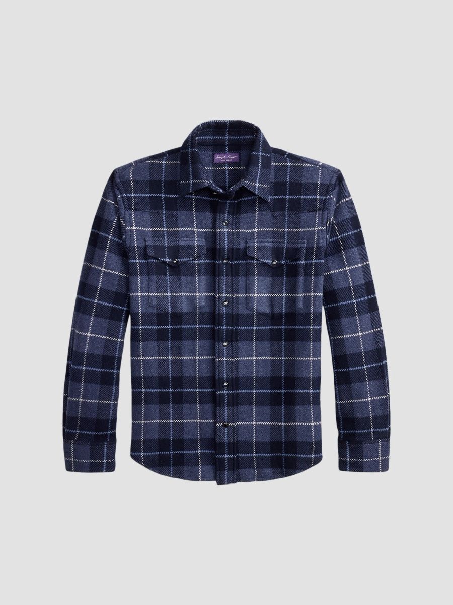 Ralph Lauren Purple Label Men's Plaid Cashmere Western Shirt - Old Royal - Size XXL