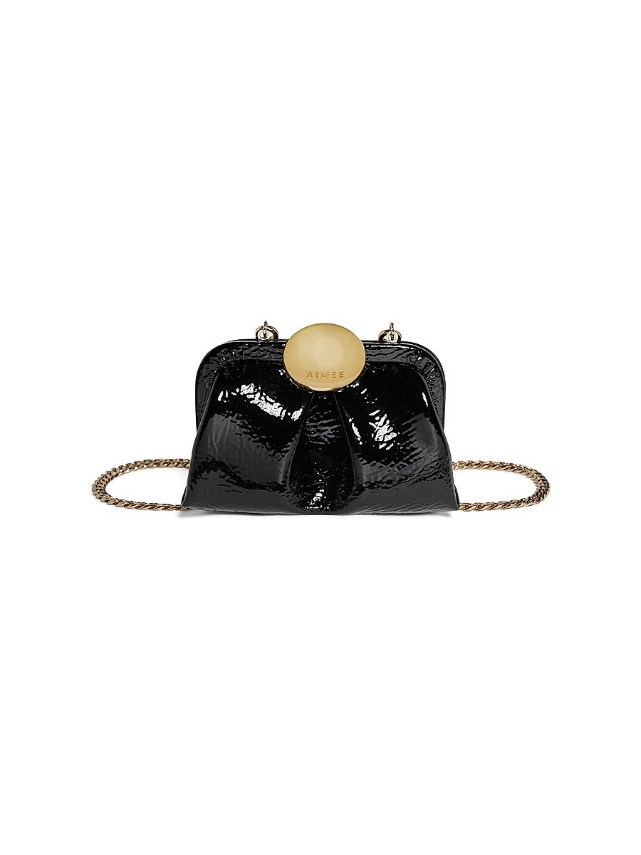 Women's Full Circle Mini Frame Chain Leather Crossbody Bag - Black Crinkle Patent