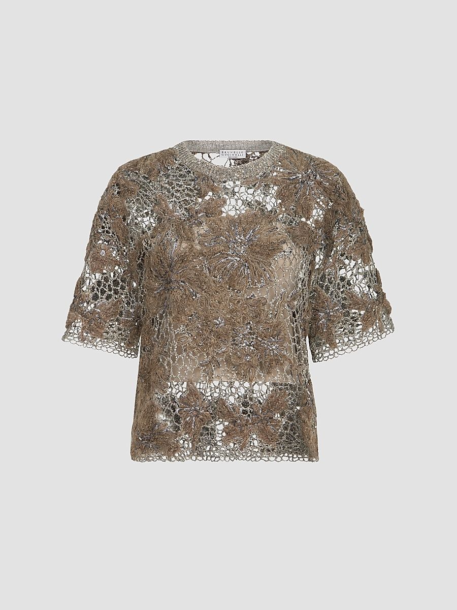 Women's Whispering Bloom Embroidery Knit T-Shirt - Pine Cone Brown - Size XS